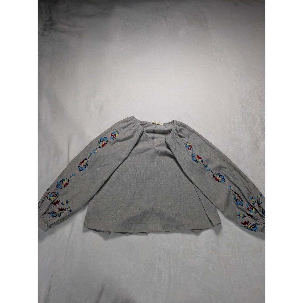 Lovestitch Boho Embroidered Striped Balloon Sleeve Blouse - Size M